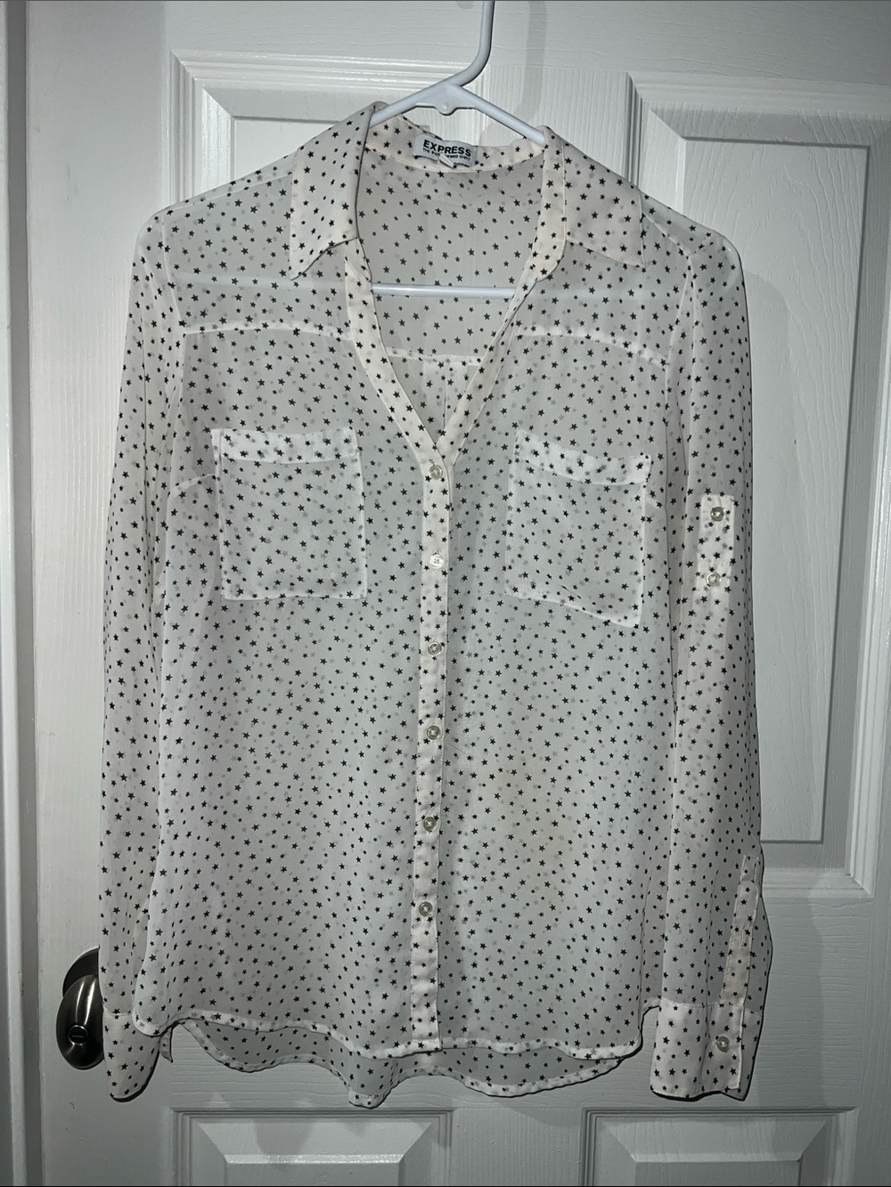 Express White Sheer Star-Print Button-Up Blouse